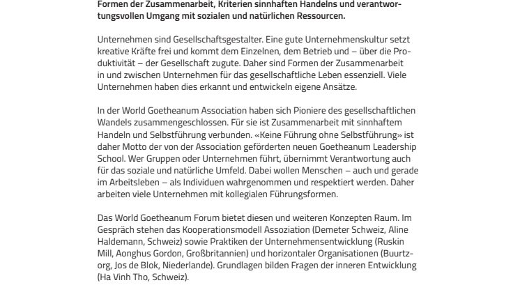 Verantwortung für soziale und natürliche Ressourcen. ​World Goetheanum Association startet erste Projekte