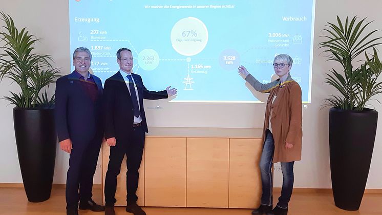 Energiedaten im 15-Minuten-Takt: Bürgermeisterin Gudrun Donaubauer (r.) sowie die Bayernwerk-Vertreter Ingo Schroers (M.) und Franz-Josef Bloier (l.) bei der Vorstellung des EnergieMonitors im Hauzenberger Rathaus.