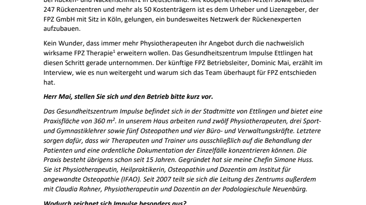 Neuer FPZ Partner im Interview: „Jeder zweite Rückenschmerzpatient kommt für die FPZ Therapie in Frage“