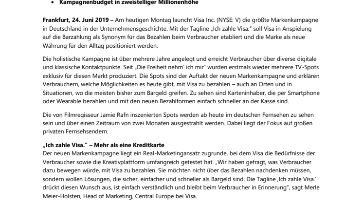 „Ich zahle Visa.“: Visa startet Rekord-Markenkampagne in Deutschland 