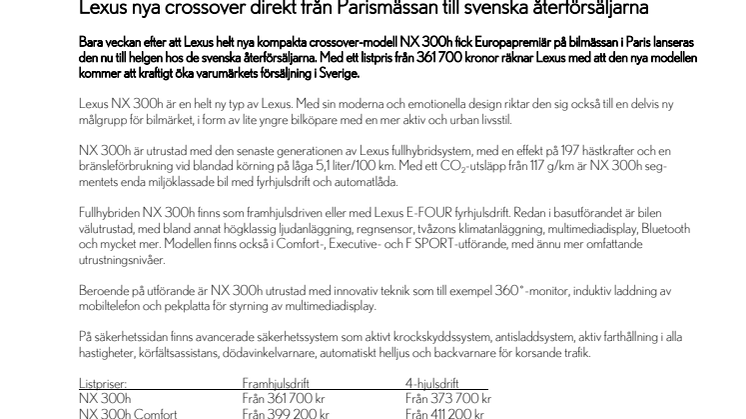 Lexus nya crossover direkt från Parismässan till svenska återförsäljarna
