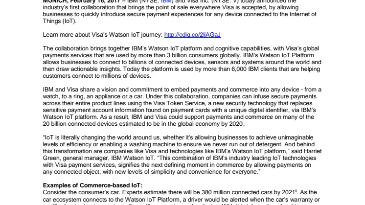 IBM and Visa Turn Automobiles, Appliances and All Other Connected Devices into Potential Points of Sale with Watson Internet of Things