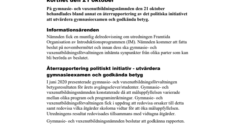 Gymnasie- och vuxenutbildningsnämnden i korthet den 21 oktober