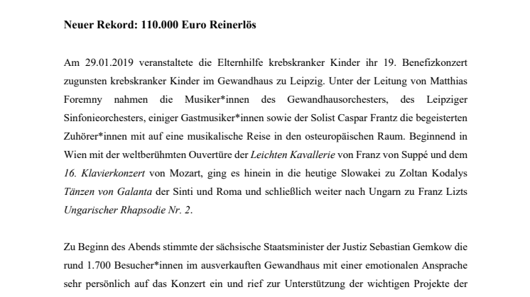 Rekord zum Benefizkonzert für krebskranke Kinder 2019: 110.000 Euro Reinerlös