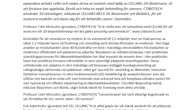 CELLINK ingår ett samarbetsavtal med CTIBIOTECH för att skriva ut patientspecifika cancertumörer