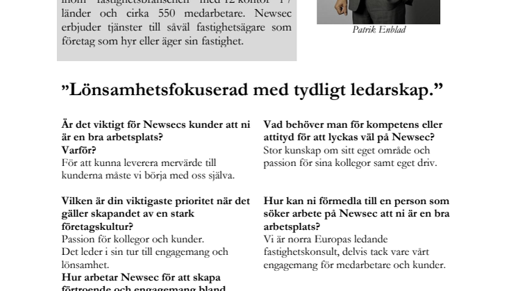 VD har Ordet! Patrik Enblad Newsec - Sveriges Bästa Arbetsplatser