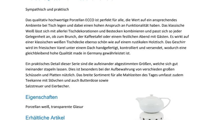 Presseinformation: Die Serie „Ecco“ von Friesland Porzellan - Sympathisch, praktisch, ausgezeichnet