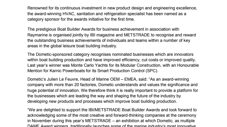 Dometic: Supports Marine Innovation with Sponsorship of Category at 2016 IBI/METSTRADE Boat Builder Awards