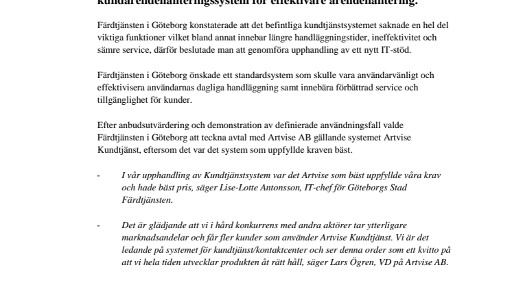 Färdtjänsten i Göteborg väljer Artvise Kundtjänst! 