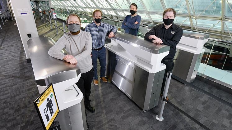 Pictured l-r are Kieran Dougan, Simon Scott-Harden and Howard Fenwick of Northumbria University, and Andrew Sambell of British Engines, with the FLO-SAN hand sanitisation unit at Newcastle Airport