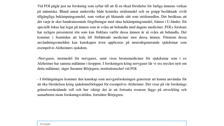 Forskning om kemiska stridsmedel ger ny kunskap om Alzheimers sjukdom
