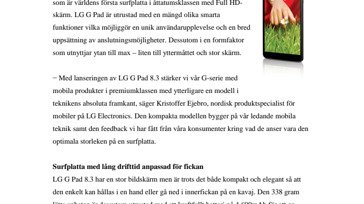 NU KOMMER LG G PAD 8.3 - GREPPVÄNLIG SURFPLATTA MED 8,3 TUMS FULL HD-SKÄRM