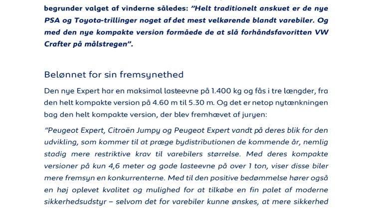 Peugeot Expert kåret som "Årets Varebil 2017"