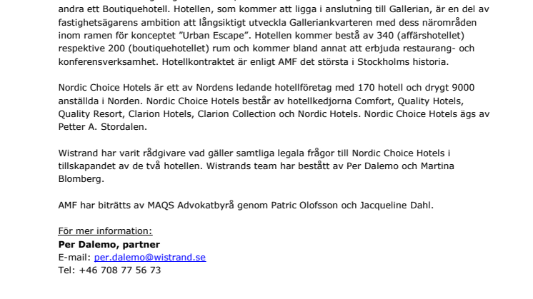Wistrand biträder Nordic Choice Hotels i nytt hotellprojekt i Stockholm