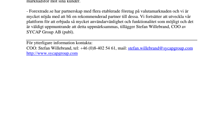 Forextrade.se ingår Introducing Broker avtal med SYCAP Group AB (publ)