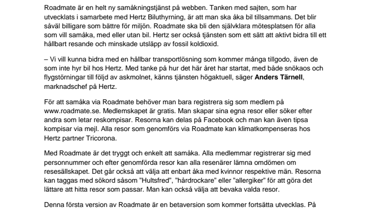 Hitta reskompisar på nya samåkningstjänsten roadmate.se