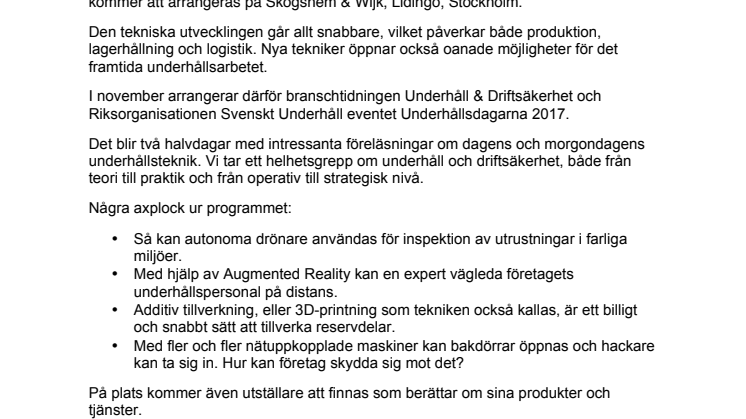 Underhållsdagarna : Samarbete mellan Riksorganisationen Svenskt Underhåll och tidningen U&D