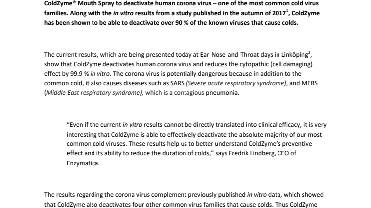 New results from Enzymatica’s in vitro study: ColdZyme also deactivates corona virus
