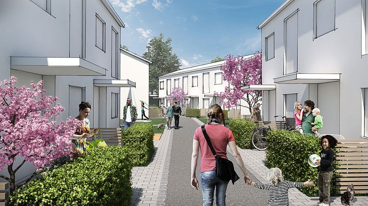 Området Södra Källtorp tar tillvara på det natursköna läget nära Vedboskogen och Wenströmska IP för att uppmuntra till naturnära rekreation. Illustration: Archus Arkitektur.