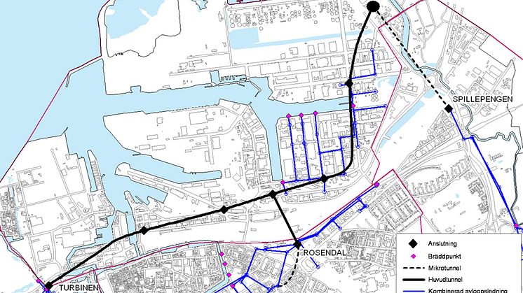 Karta över tänkt sträckning av Malmö avloppstunnel