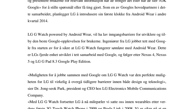 UTVIKLER LG G WATCH POWERED BY ANDROID WEAR I TETT SAMARBEID MED GOOGLE