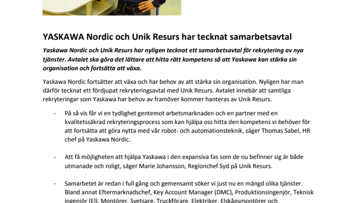 YASKAWA Nordic och Unik Resurs har tecknat samarbetsavtal