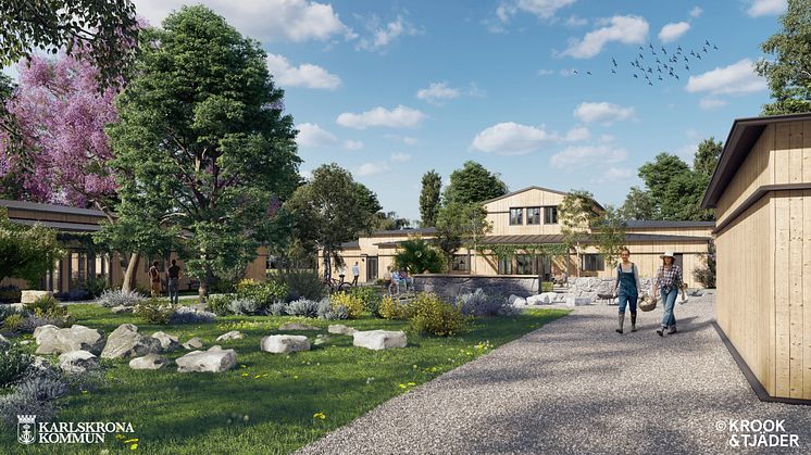 I den idylliska trädgården Villa Vik uppför Karlskrona kommun tio LSS-boenden. Lagans Byggnads AB i Blekingen har totalentreprenaden och Arkitekterna Krook & Tjäder Uulas i Kristianstad har ritat husen. Illustration: Arkitekterna Krook & Tjäder Uulas