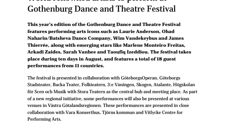 World renowned artists to perform at Gothenburg Dance and Theatre Festival