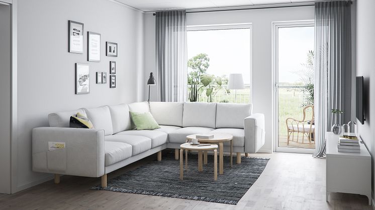 Illustration av interiör, vardagsrum, BoKlok-lägenhet 3 rok, 2020. 