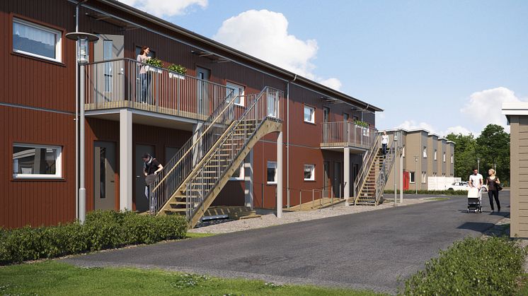 Illustration av entrésida, lägenheterna i BoKlok Fårhagen, Holmängs Hage, Vänersborg