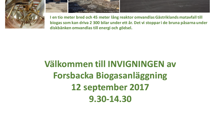 Program och inbjudan till invigningen av biogasanläggningen den 12 september 2017