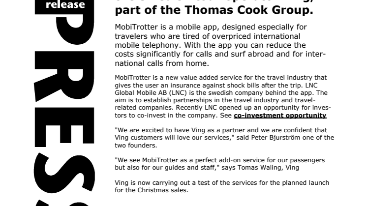 MobiTrotter signs agreement with the Swedish tour operator Ving, part of the Thomas Cook Group