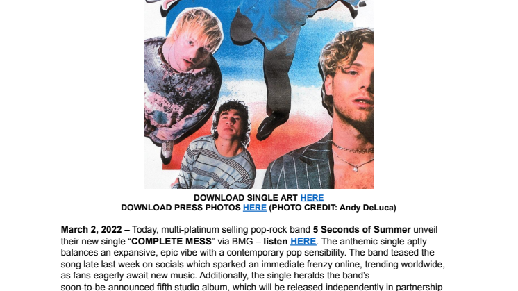 5 Seconds Of Summer "Complete Mess" - engelsk pressrelease