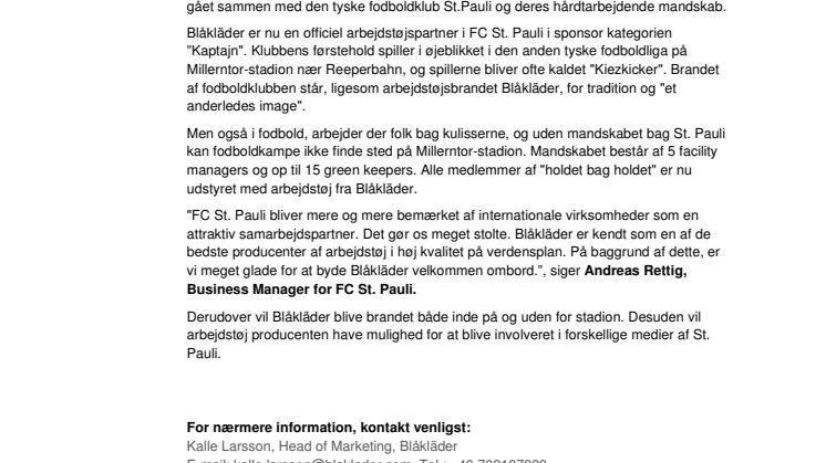 BLÅKLÄDER ER OFFICEL WORKWEAR PARTNER FOR FC ST. PAULI