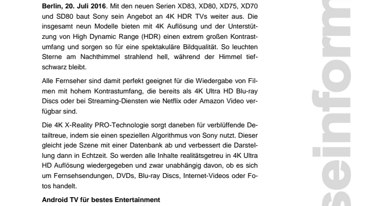 Sony baut sein 4K HDR TV Sortiment aus 