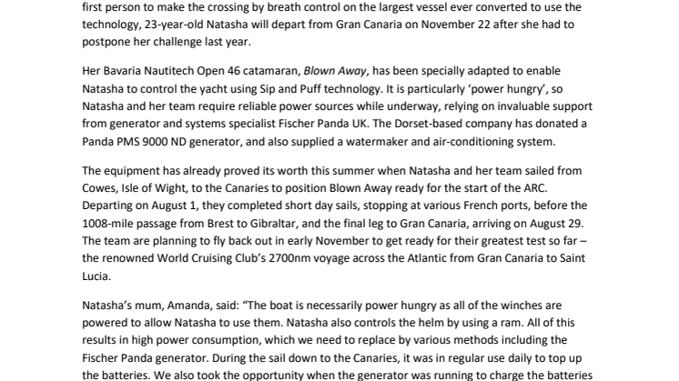 Natasha Lambert Relies on Fischer Panda UK to Power 2020 ARC Challenge