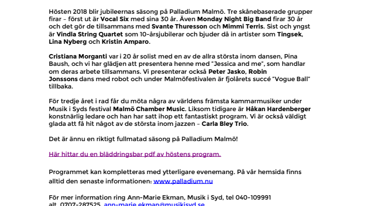Musik i Syd presenterar: Höstens program på Palladium Malmö