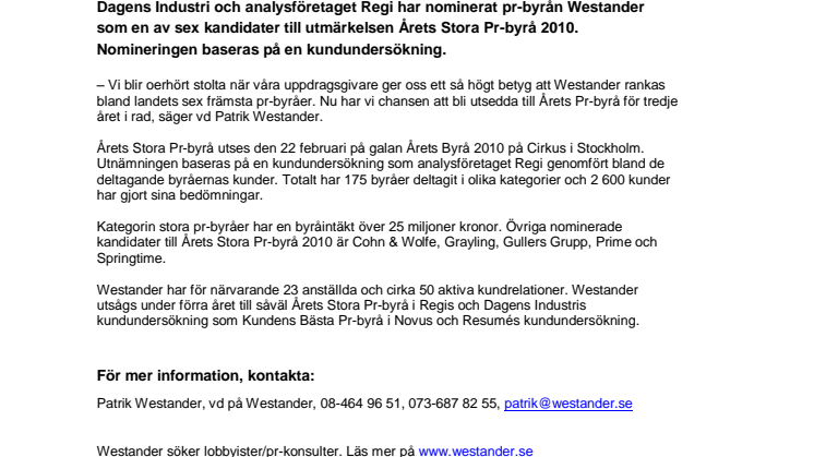 Westander nominerad till Årets Stora Pr-byrå