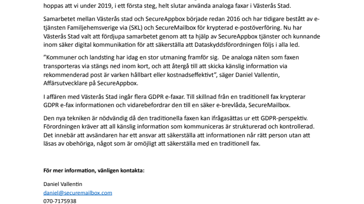 Västerås Stad inför GDPR e-fax från SecureAppbox