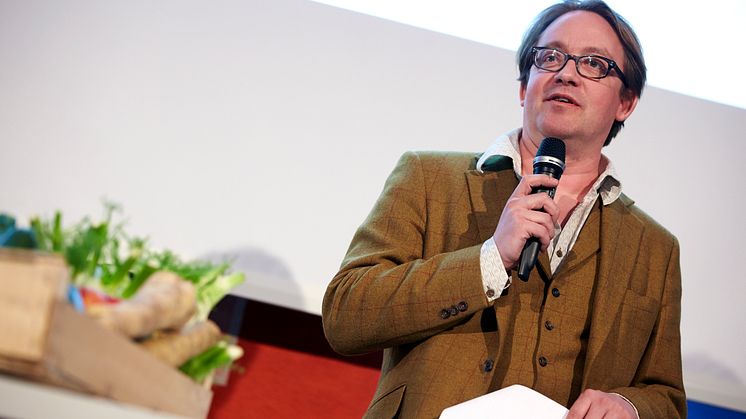 Jens Linder föreläste om grisens historia på tallriken på Svenskt Kötts pressträff om svensk gris