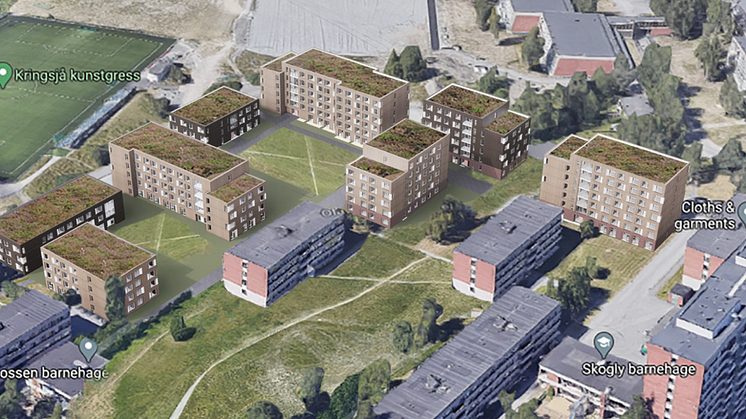 Perspektivillustrasjon av det tredje byggetrinn på Kringsjå. Tegnet av LMR Arkitektur AS.
