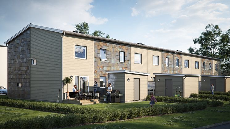 Illustration av trädgårdssida med altan & grästäppor, BoKlok Pilkronan i Karlslund, Landskrona. 