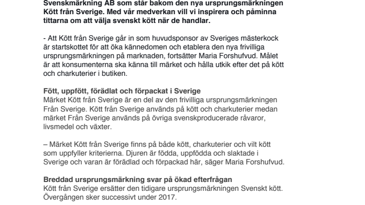 Ursprungsmärket Kött från Sverige huvudsponsor för Sveriges mästerkock