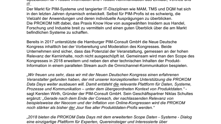 Jetzt noch umfassender: PROKOM Data Days 2018 "Daten – Systeme – Dialog" – PIM-Consult erneut in der Moderation