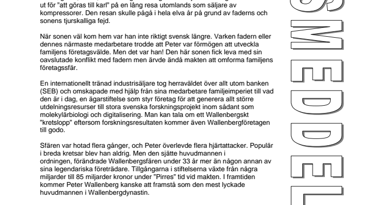 Ny bok: Den förlorade sonens återkomst - Peter Wallenberg 1925-2015