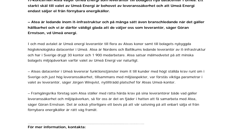 Atea väljer Umeå Energi för driftsäkerhet och hållbarhet