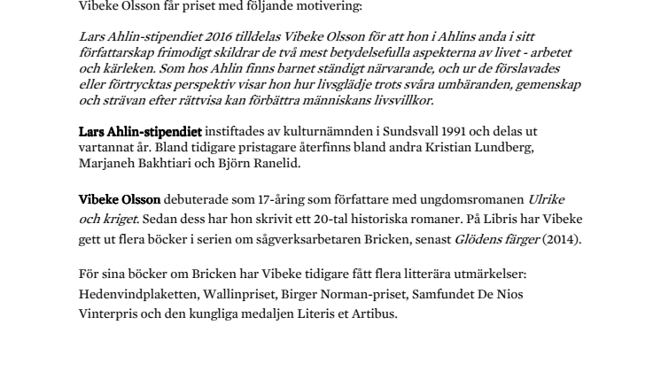 Pressmeddelande: Vibeke Olsson får Lars Ahlin-stipendiet
