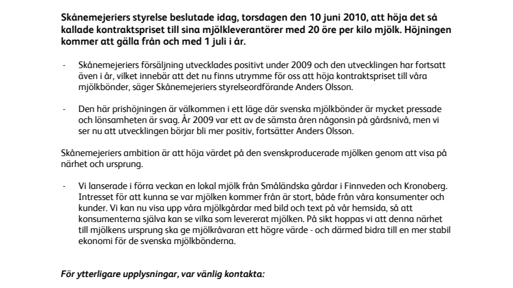 Skånemejeriers bönder får mer betalt för mjölken