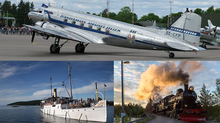 DC3:an Daisy, ångfartyget Trafik och ånglok från Järvägsmuseet i Gävle. Foto: Anders Svensson, Bo Oxenstjärna & Järnvägsmuseet.