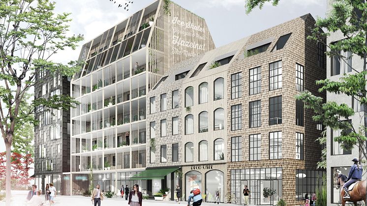 Visionsbild, fasadvy över Diligentias Woodhouse Rosendal, Uppsala